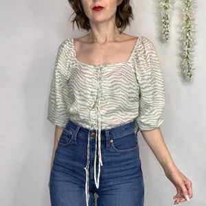 LUCY PARIS boho y2k puff shoulder top corset lace-up green white tiger stripes